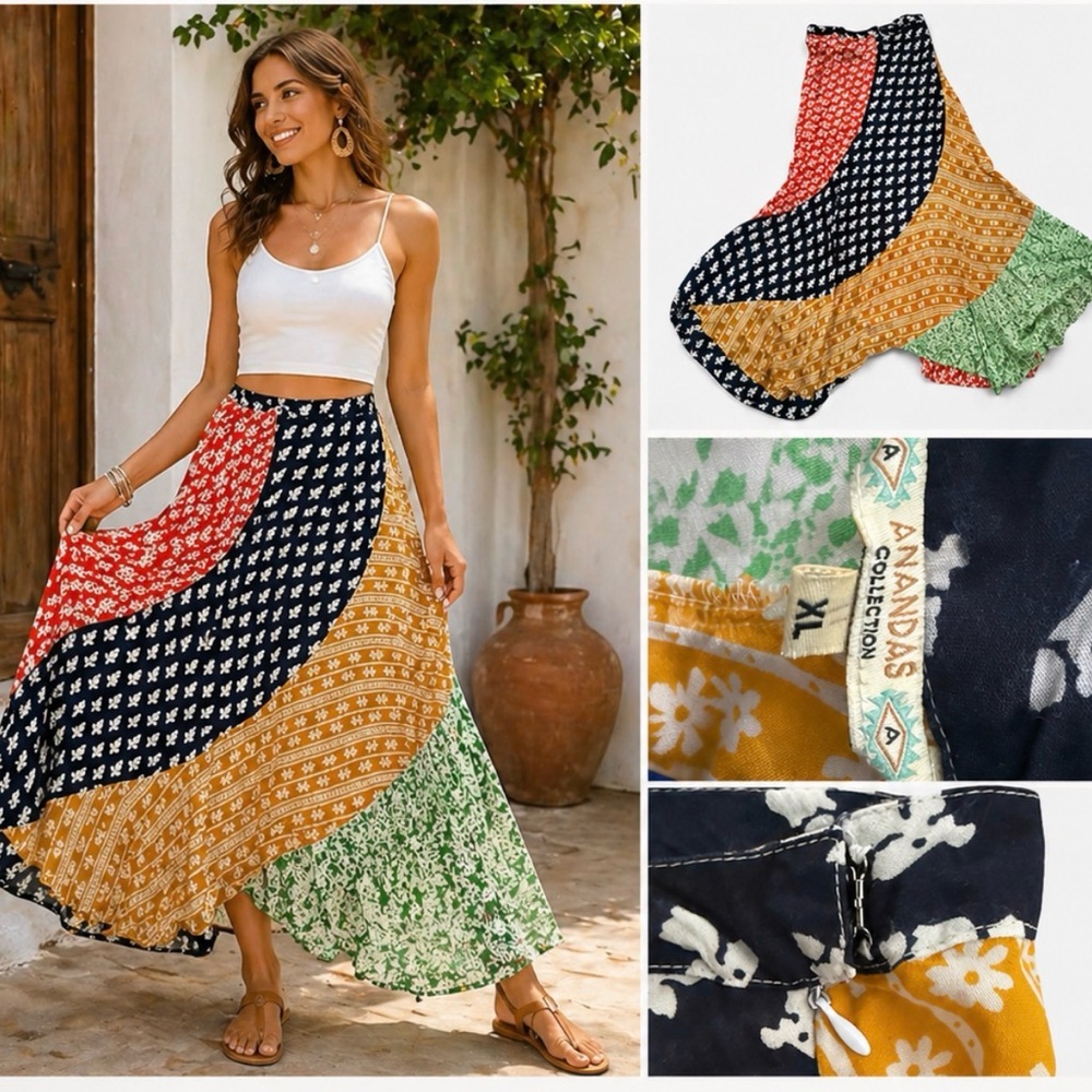 Anandas Collection Boho Patchwork Maxi Skirt Multicolor Flowy XL